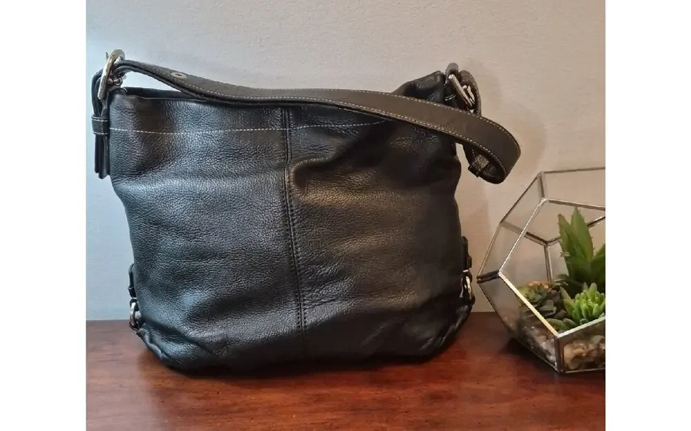 Coach F15064 Pebbled Black Leather Convertible Duffle Hobo Crossbody Bag